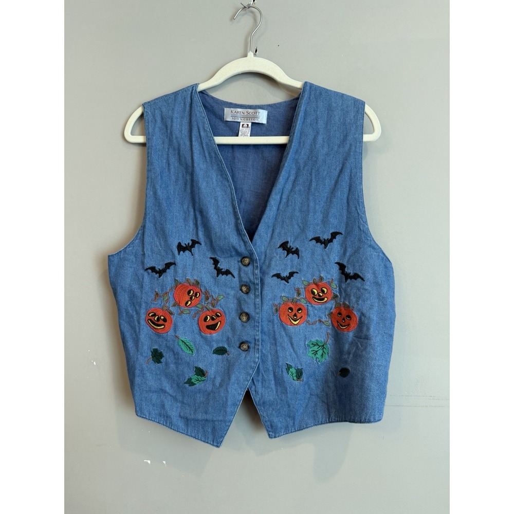 Karen Scott Embroidered Vintage 90s Kitschy Halloween Denim Vest Bats Petites L